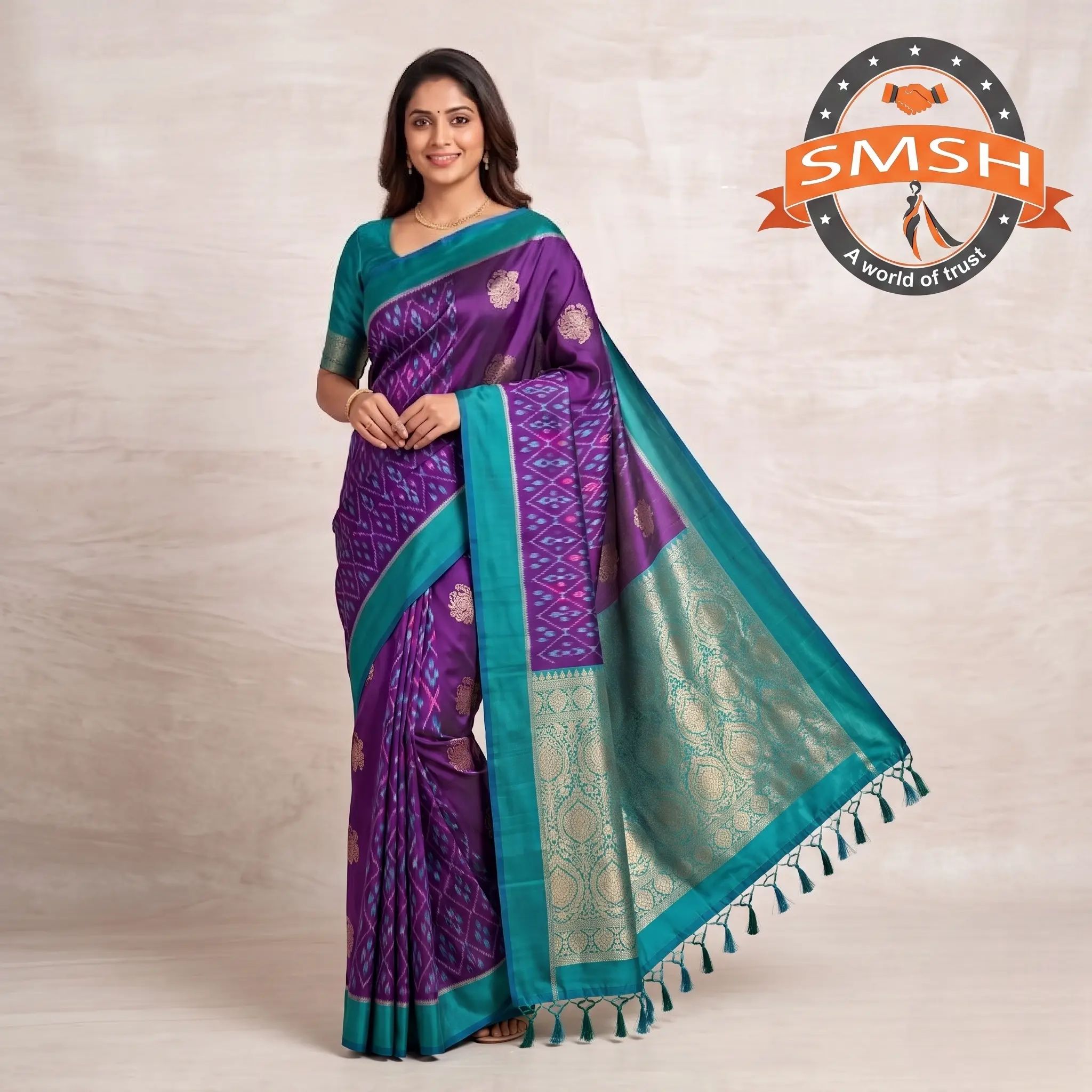 Purple Teal Fancy Ikat Butta Silk Saree